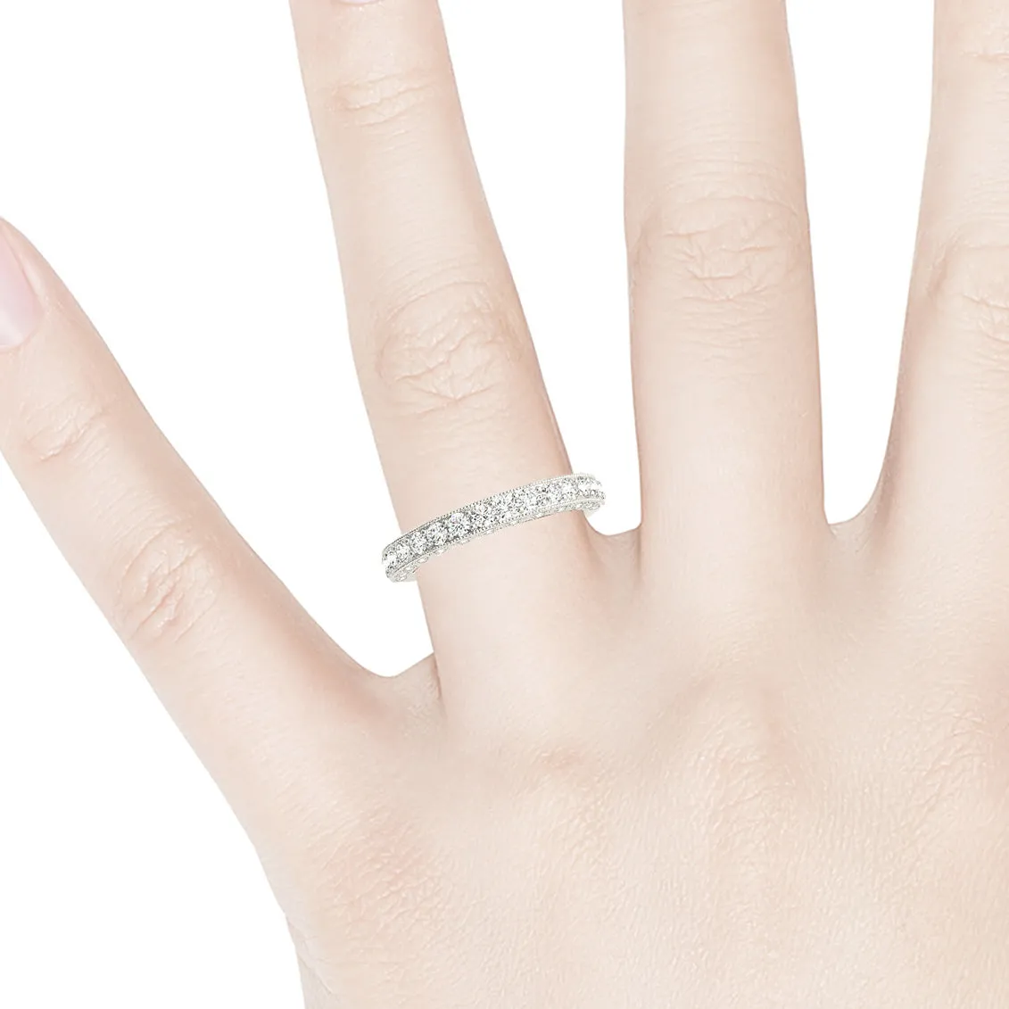 0.70 ctw. Round Diamond Wedding Band Hidden Side Diamonds, Milgrain Accent Ring