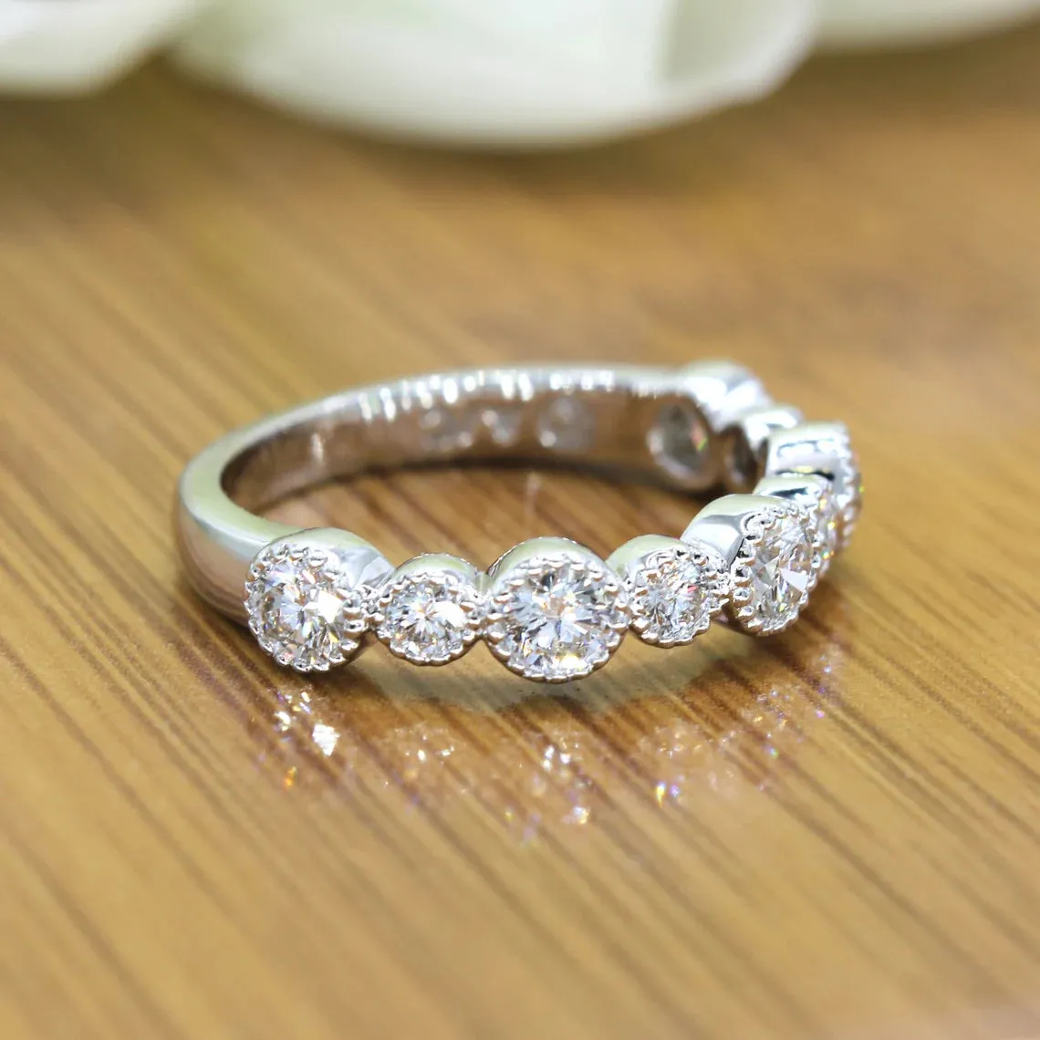 0.85 ct. Round Diamond Wedding Stackable Band, Bezel Set Milgrain Accent Ring