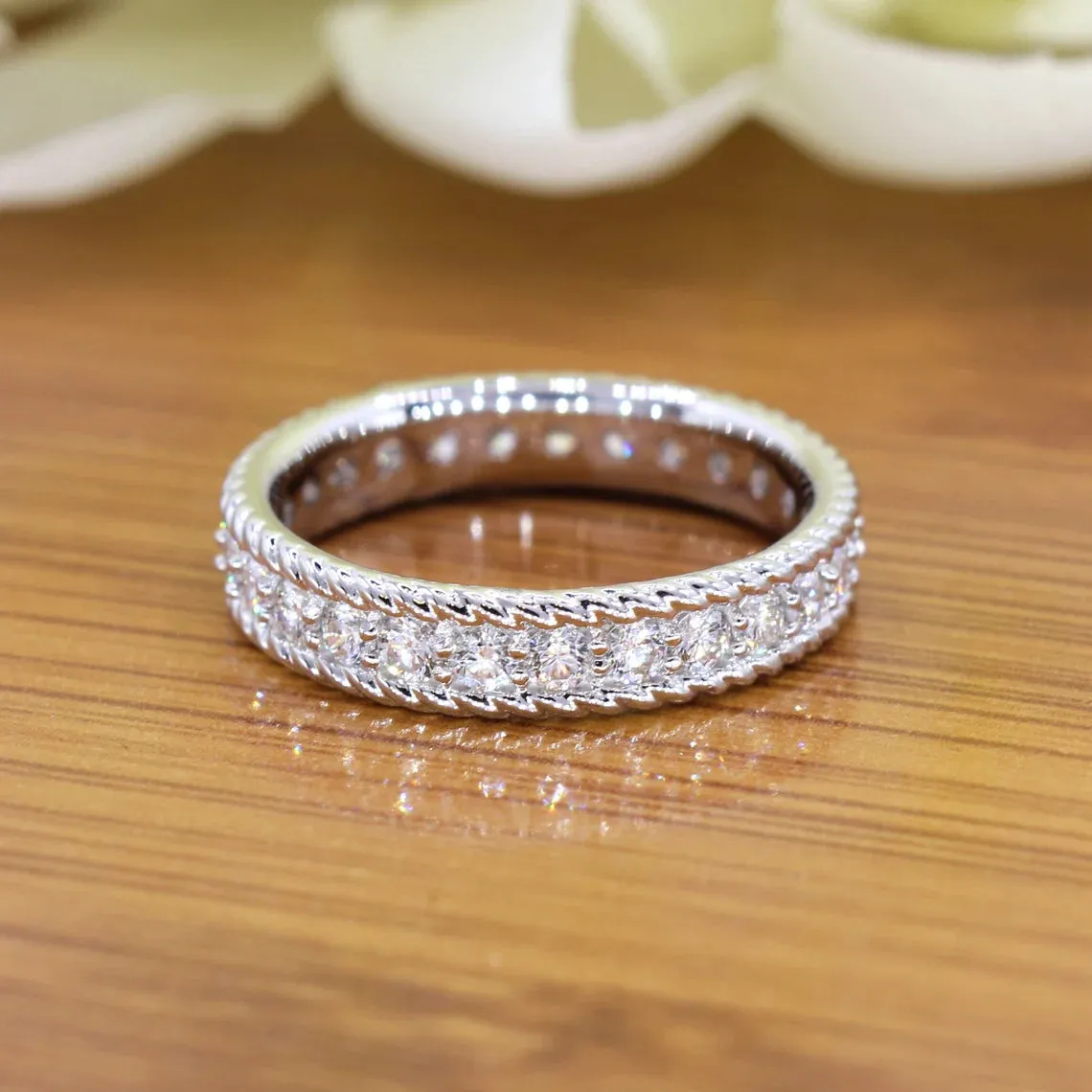 0.90 ct. Diamond Eternity Band, Rope Designed Edge Ring Vintage Inspired