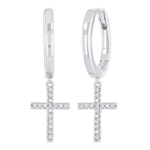 10K White Gold Diamond Cross Dangle Earrings