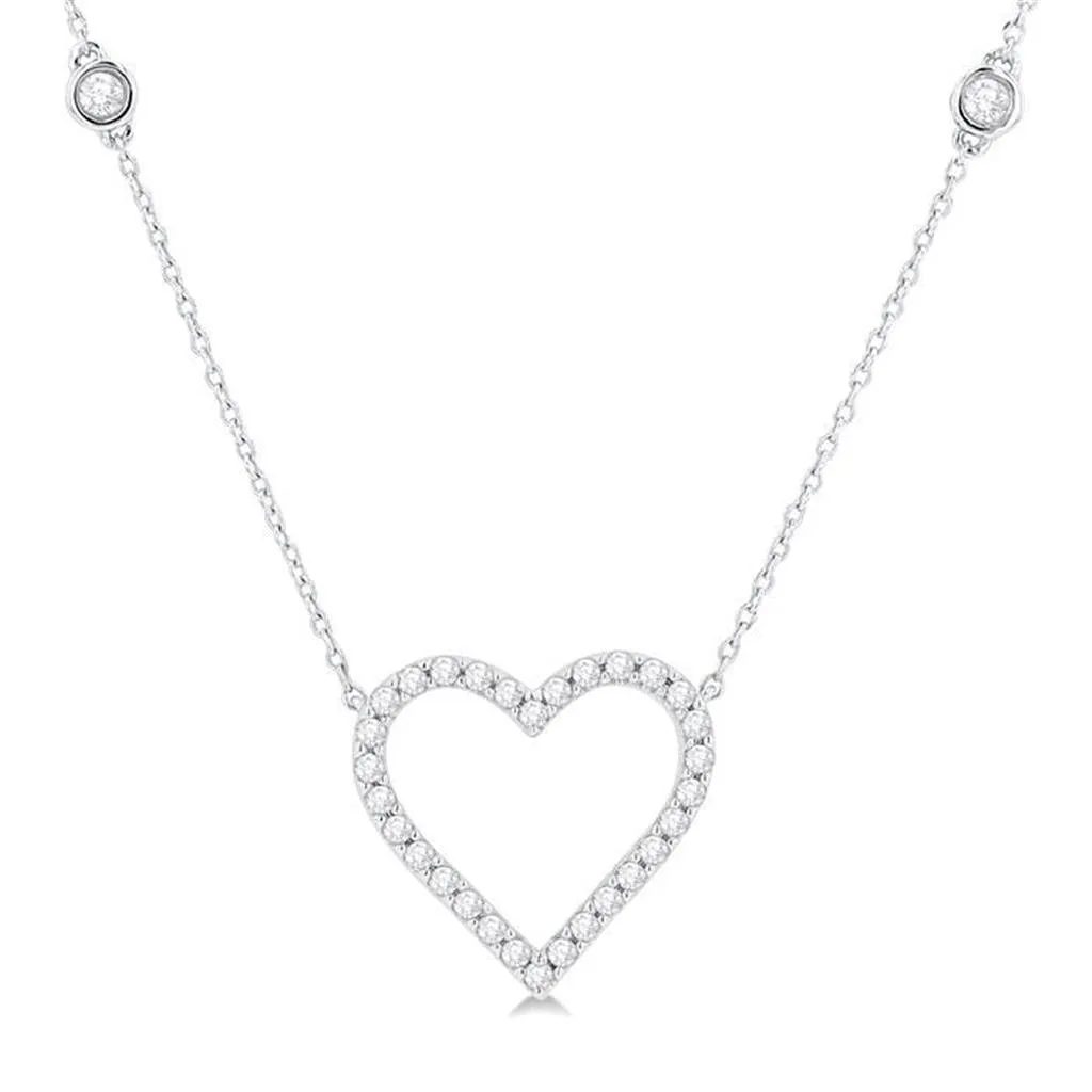 10K White Gold Diamond Station Heart Necklace