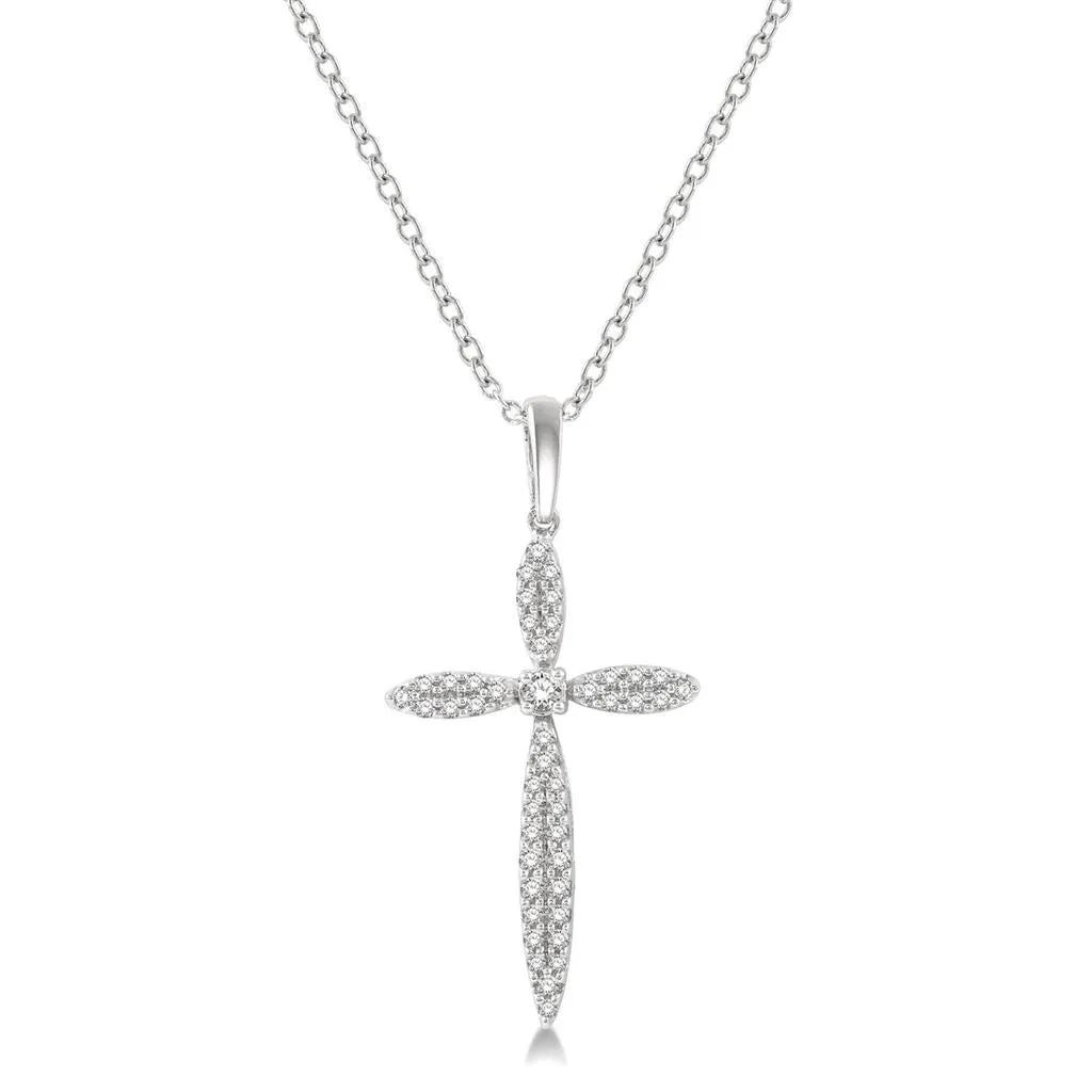 10K White Gold Marquise Shape Diamond Cross Pendant Necklace