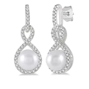 10K White Gold Pearl And Diamond Drop Earrings