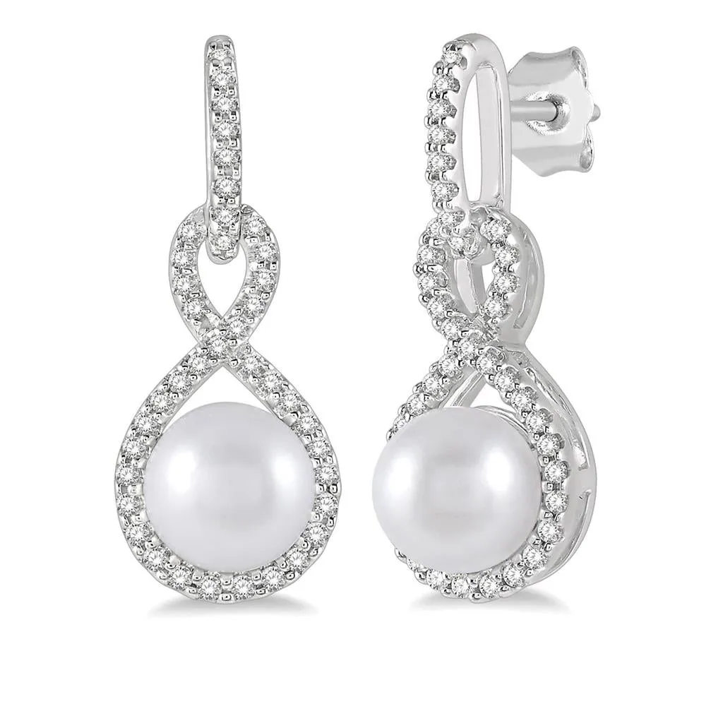 10K White Gold Pearl And Diamond Drop Earrings