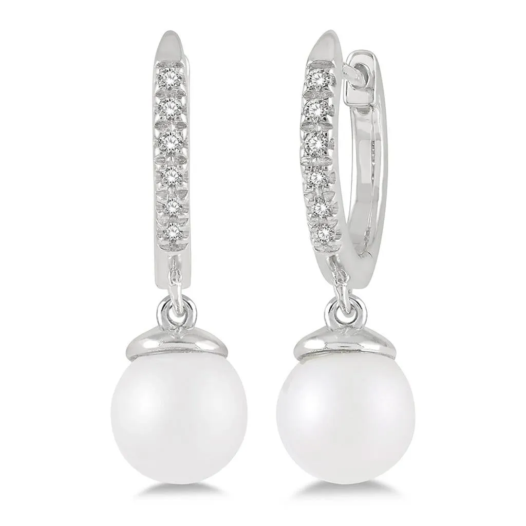 10K White Gold Pearl And Diamond Huggie Drop Earrings