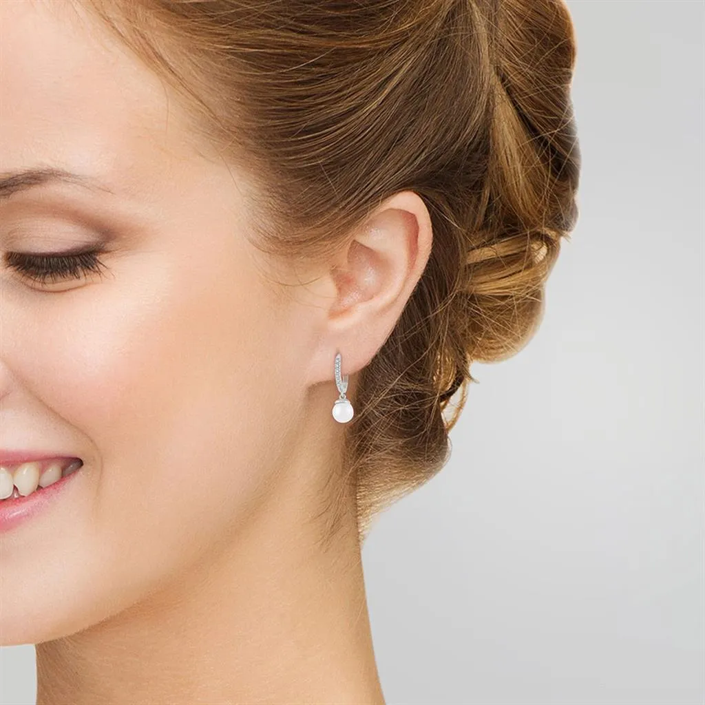 10K White Gold Pearl And Diamond Huggie Drop Earrings