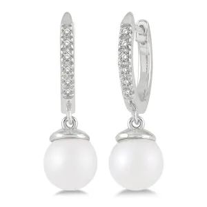 10K White Gold Pearl And Diamond Huggie Drop Earrings