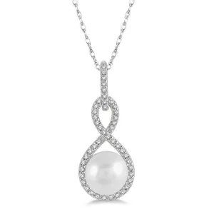 10K White Gold Pearl And Diamond Pendant Necklace