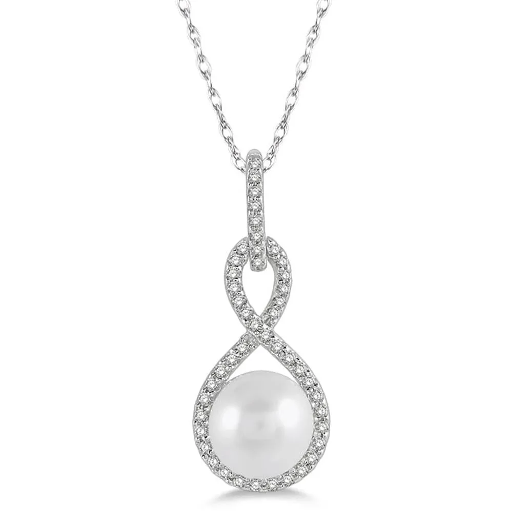 10K White Gold Pearl And Diamond Pendant Necklace