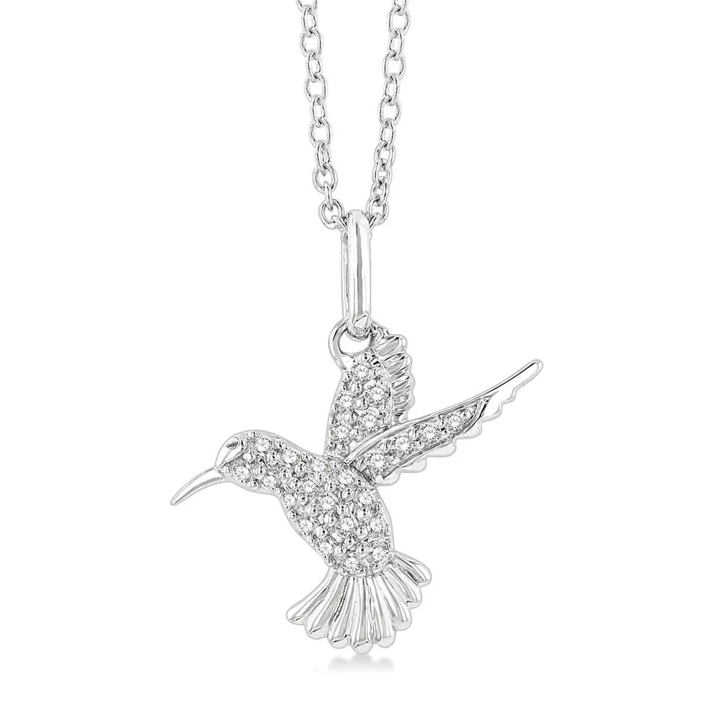 10K White Gold Petite Hummingbird Diamond Pendant Necklace