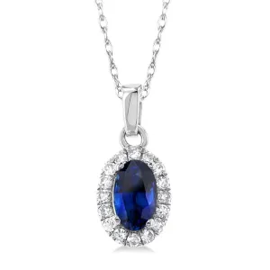 10K White Gold Sapphire And Diamond Halo Pendant Necklace