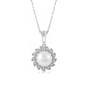 10K White Gold Sunflower Pearl And Diamond Pendant Necklace