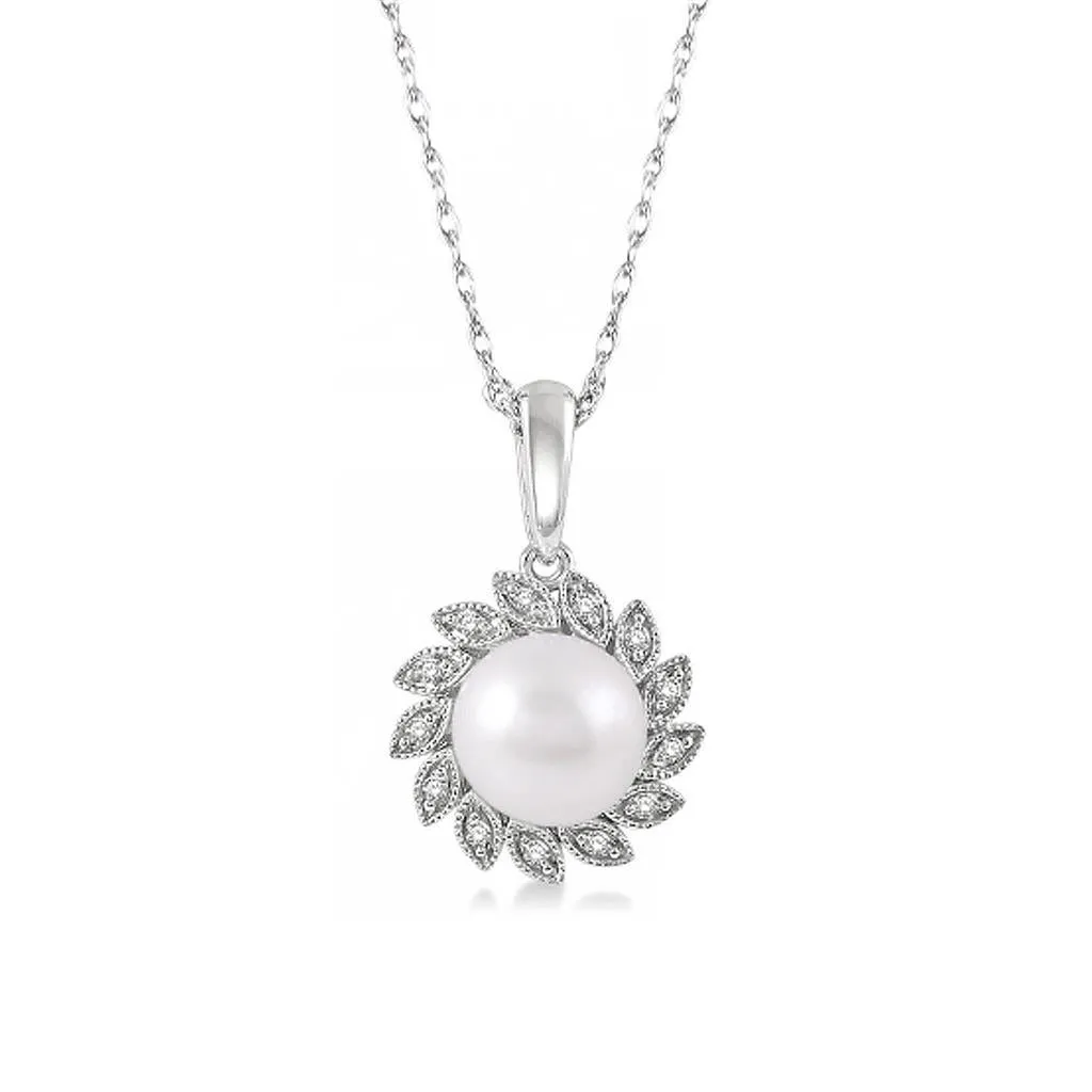 10K White Gold Sunflower Pearl And Diamond Pendant Necklace