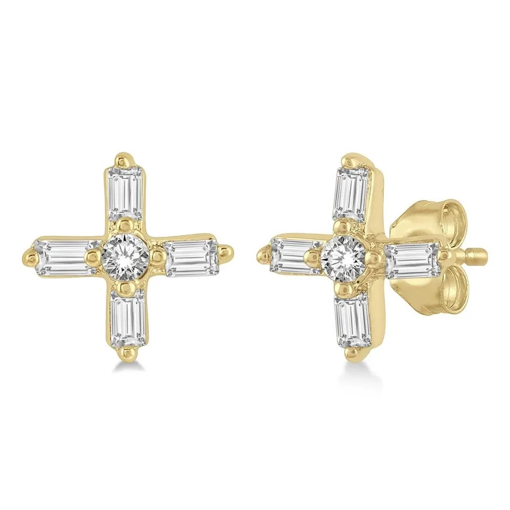 10K Yellow Gold Cross Petite Stud Diamond Earring