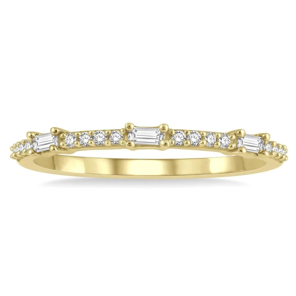10K Yellow Gold Stackable Petite Baguette And Round Diamond Fashion Ring