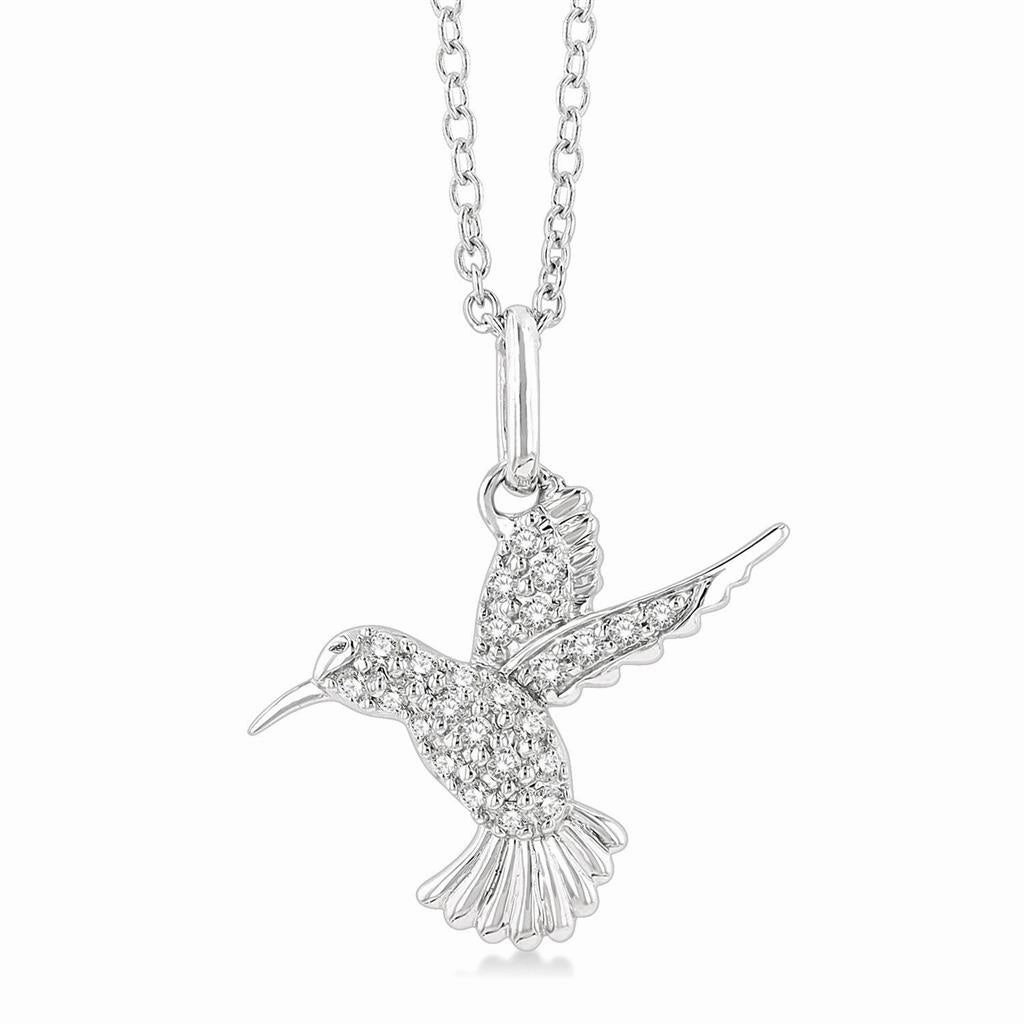 10K White Gold Petite Hummingbird Diamond Pendant Necklace