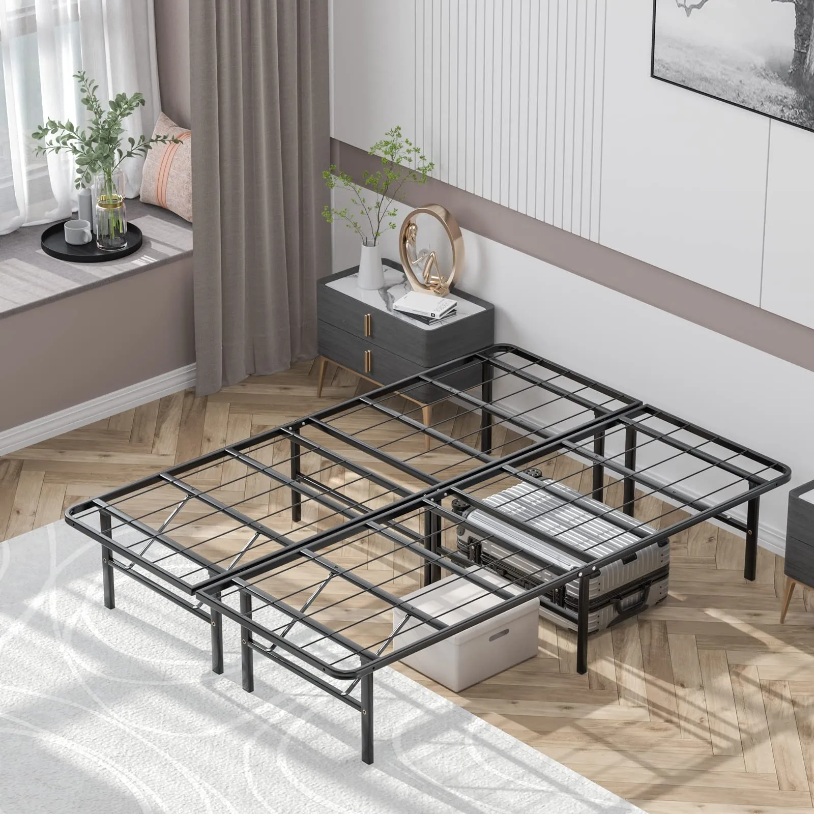 14 Inch Foldable Metal Mattress Foundation | Heavy Duty Bed Frame with Steel Slat bed frame, queen bed