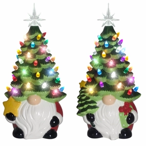 14" LED Light Up Ceramic Gnome with  Christmas Tree Hat Decorative Mirror,Home Decor Mirror