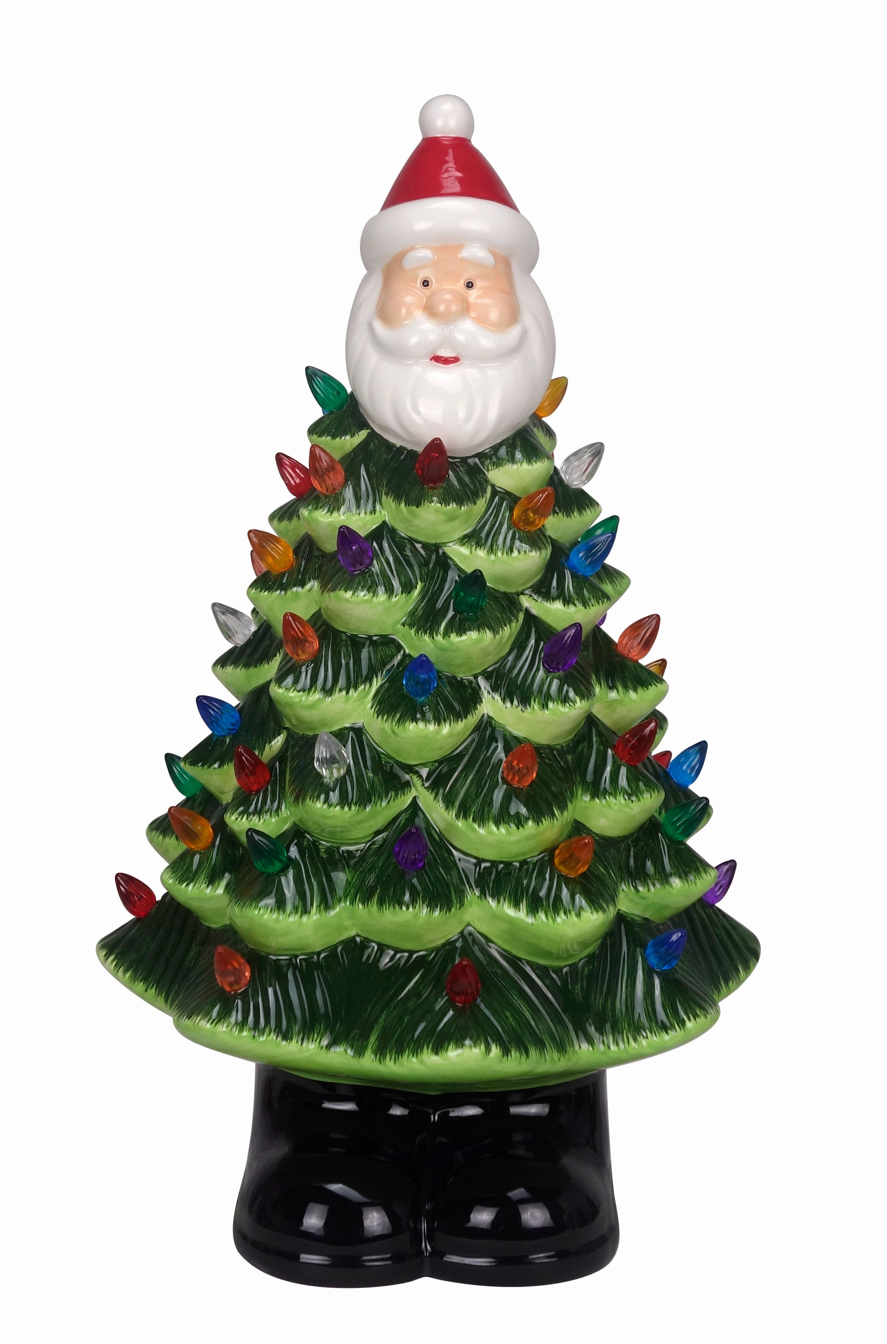 14" Light Up Ceramic Green Tree with Santa Top