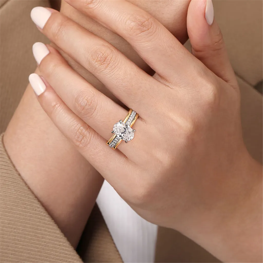 14K Two-Tone 'Feah' Wide Band Oval Natural Diamonds Engagement Ring