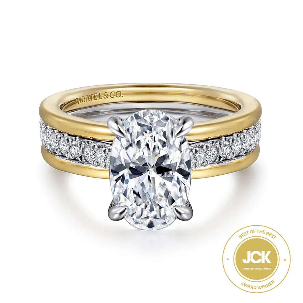 14K Two-Tone 'Feah' Wide Band Oval Natural Diamonds Engagement Ring