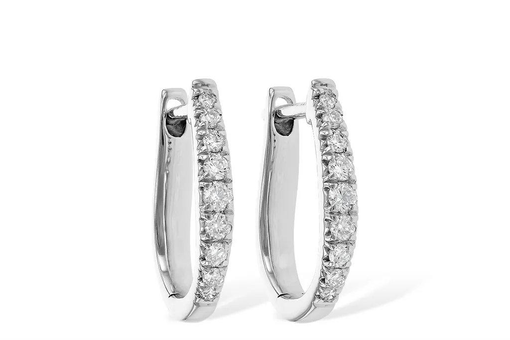 14K White Gold 10Mm Oval Huggie Natural Diamonds Hoop Earrings