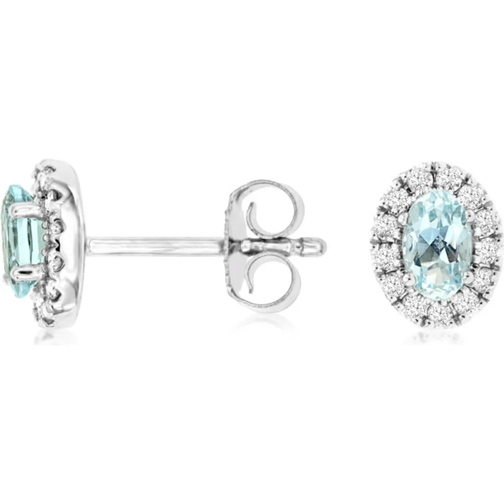 14K White Gold Aquamarine And Diamond Halo Stud Earrings