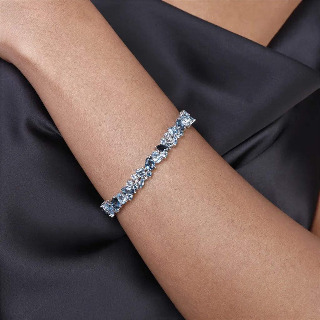 14K White Gold Blue Topaz And Diamond Cluster Bracelet