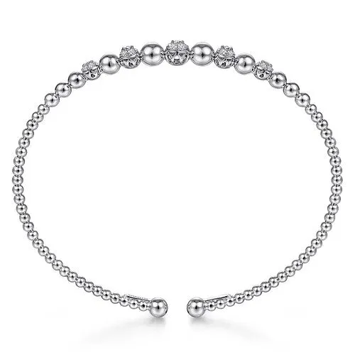 14K White Gold Bujukan Bead Cuff Bracelet with Pave Diamond Stations
