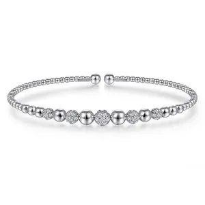 14K White Gold Bujukan Bead Cuff Bracelet with Pave Diamond Stations