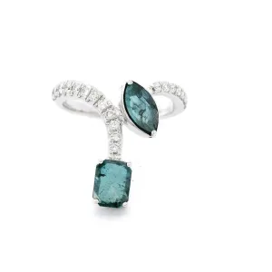 14K White Gold Chevron Natural Irradiated Blue Diamond Ring