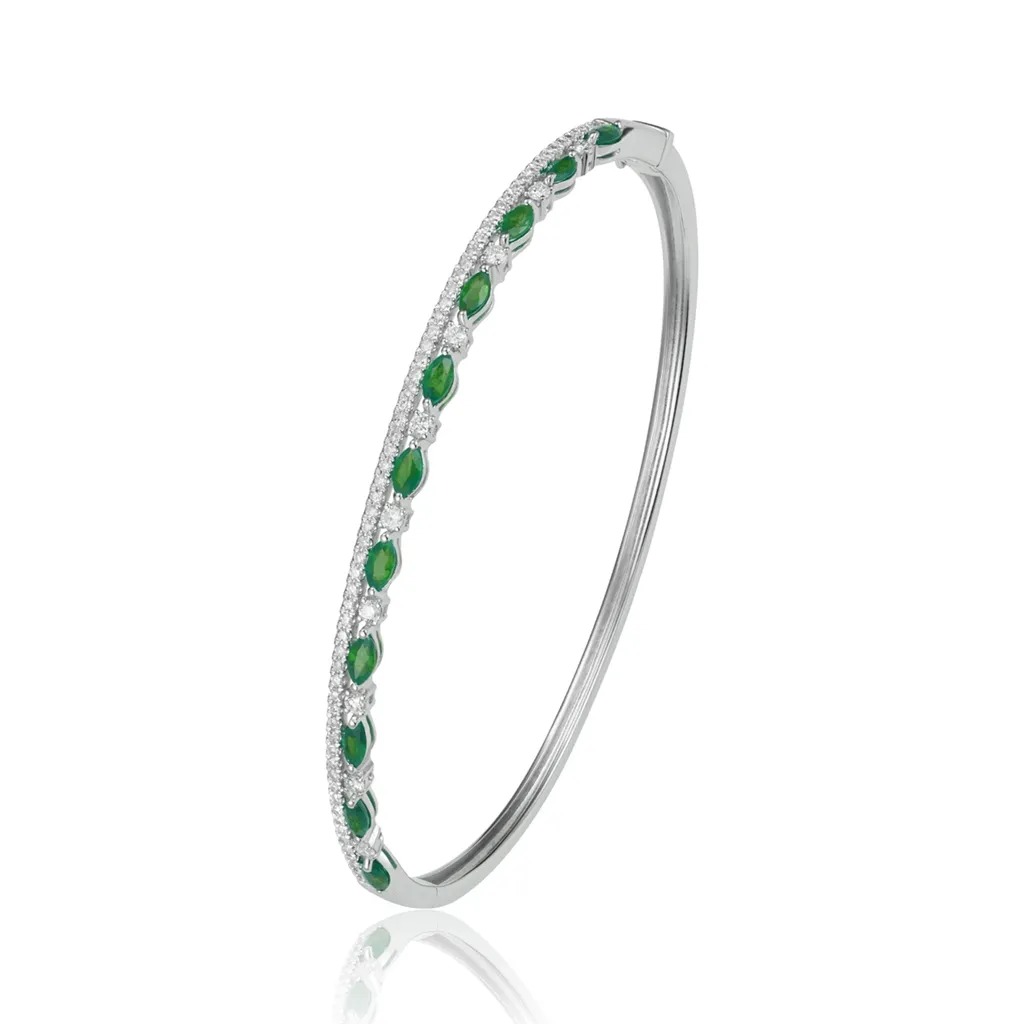 14K White Gold Emerald And Diamond Bangle Bracelet