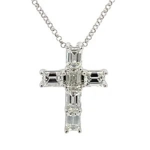14K White Gold Emerald Cut Diamond Cross Pendant Necklace