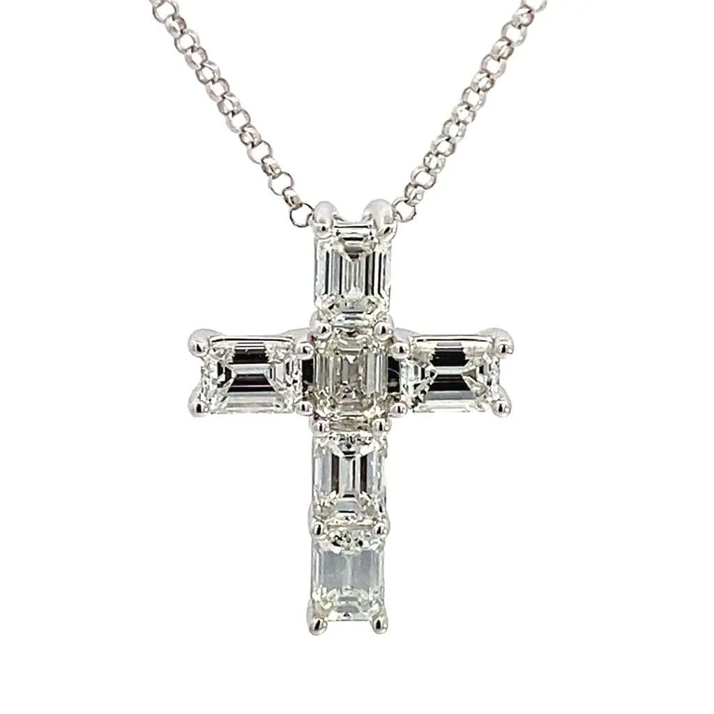 14K White Gold Emerald Cut Diamond Cross Pendant Necklace