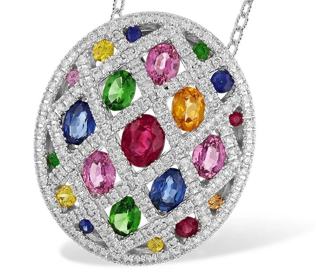 14K White Gold Multicolored Stone And Diamond Oval Pendant Necklace