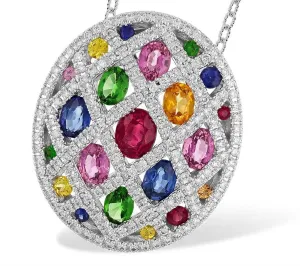 14K White Gold Multicolored Stone And Diamond Oval Pendant Necklace
