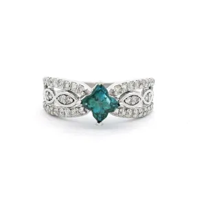 14K White Gold Natural Irradiated Blue Diamond Flower Ring