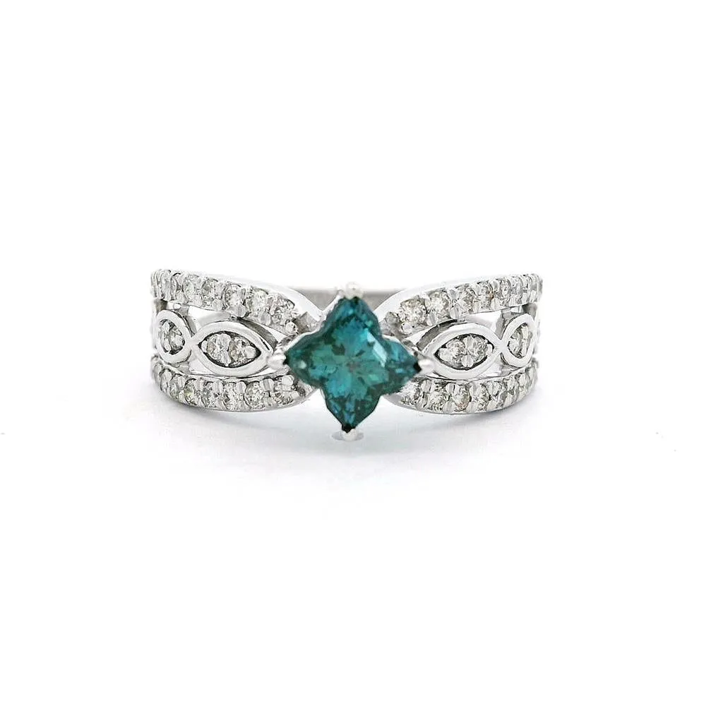 14K White Gold Natural Irradiated Blue Diamond Flower Ring