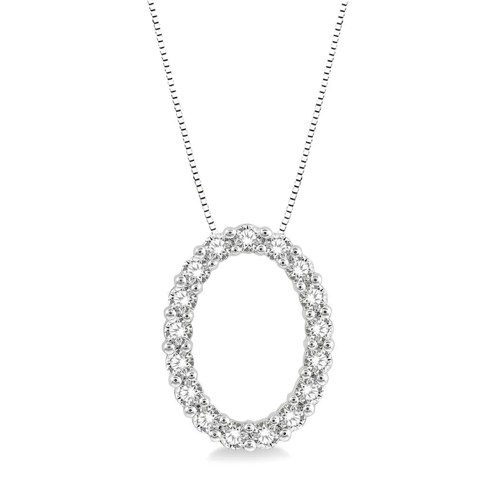 14K White Gold Oval Diamond Pendant Necklace