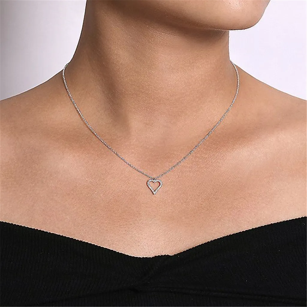 14K White Gold Pav Diamond Open Heart Necklace