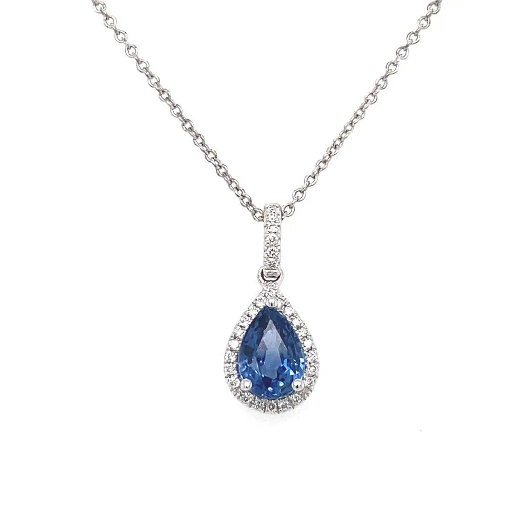 14K White Gold Pear Shaped Sapphire Pendant Necklace