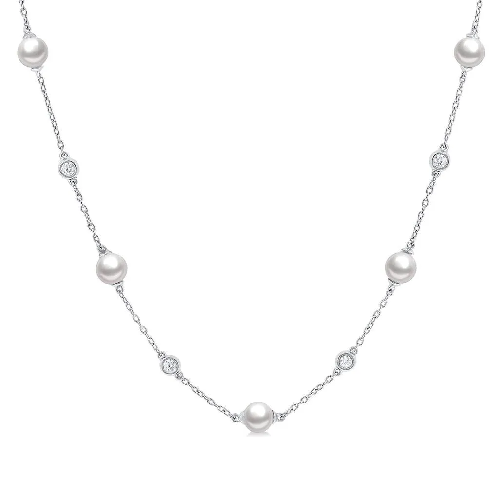 14K White Gold Pearl And Diamond Station Necklace