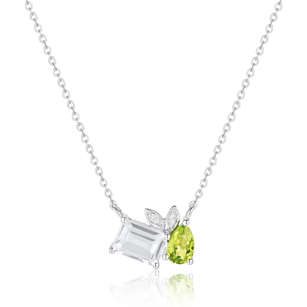 14K White Gold Peridot And White Topaz Toi Et Moi Necklace