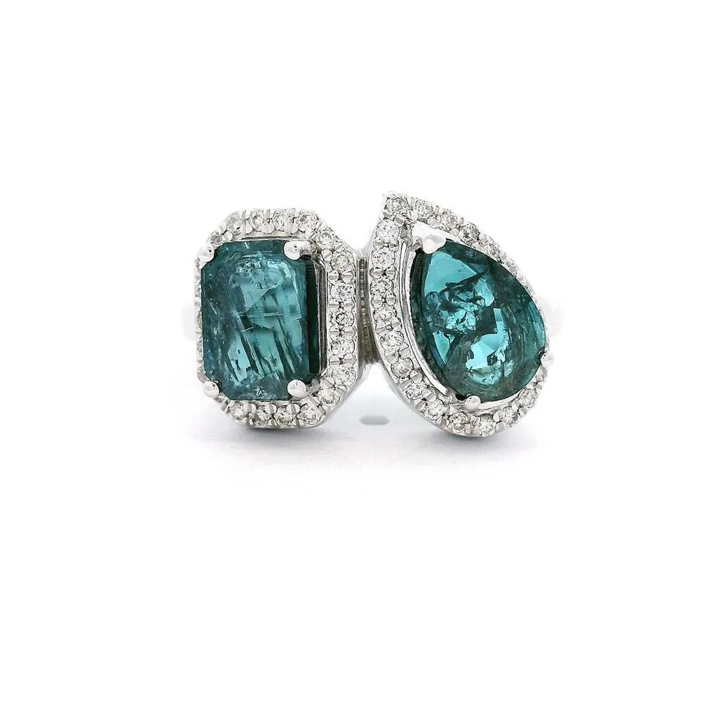 14K White Gold 'Salt & Pepper' Toi Et Moi Natural Irradiated Blue Diamond Ring