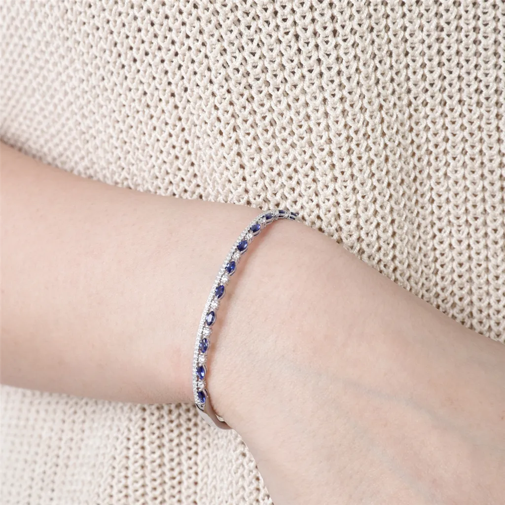 14K White Gold Sapphires And Diamond Bangle Bracelet