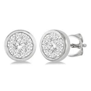 14K White Gold Stud Round Cluster Pav Diamond Earring