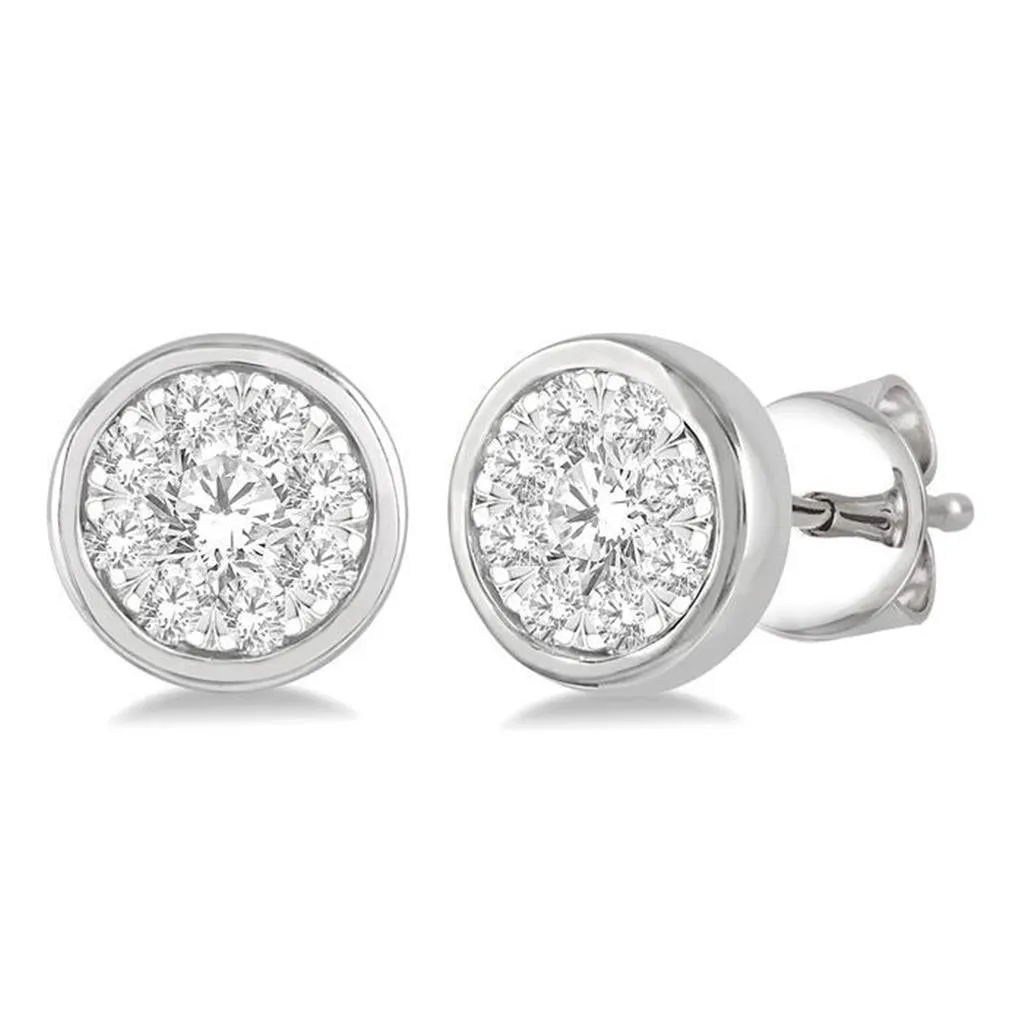 14K White Gold Stud Round Cluster Pav Diamond Earring