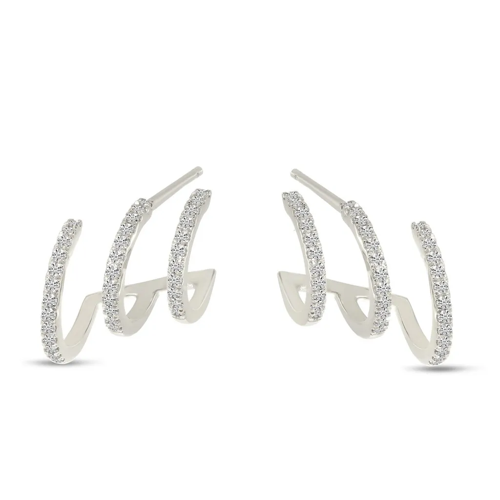 14K White Gold Triple Huggie Natural Diamonds Earrings