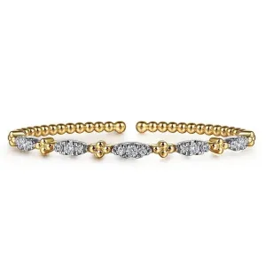 14K White Yellow Gold Bujukan Beads and Diamond Station Split Bangle Bracelet