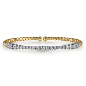 14K White Yellow Gold Bujukan Beads and Graduating Diamond Split Bangle Bracelet